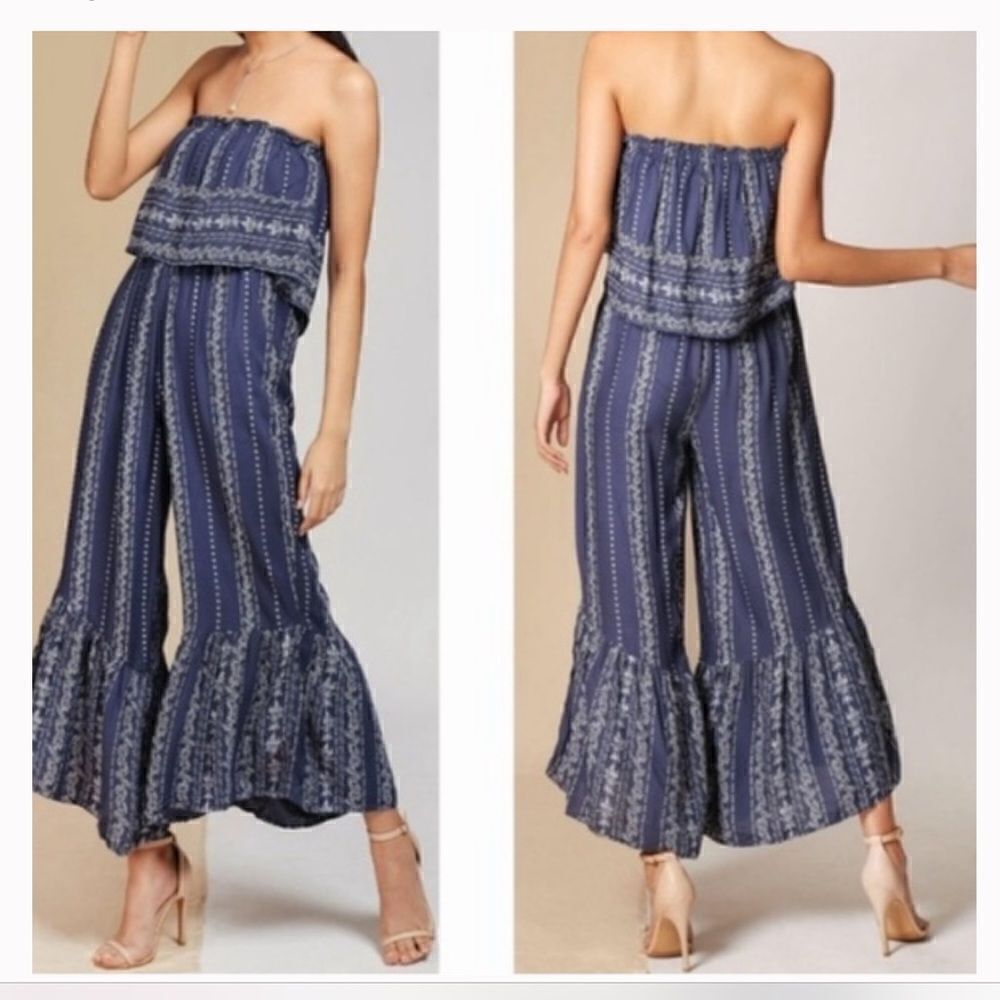Japna Blue White Floral Vine Print Ruffled Strapless Boho Romper NEW